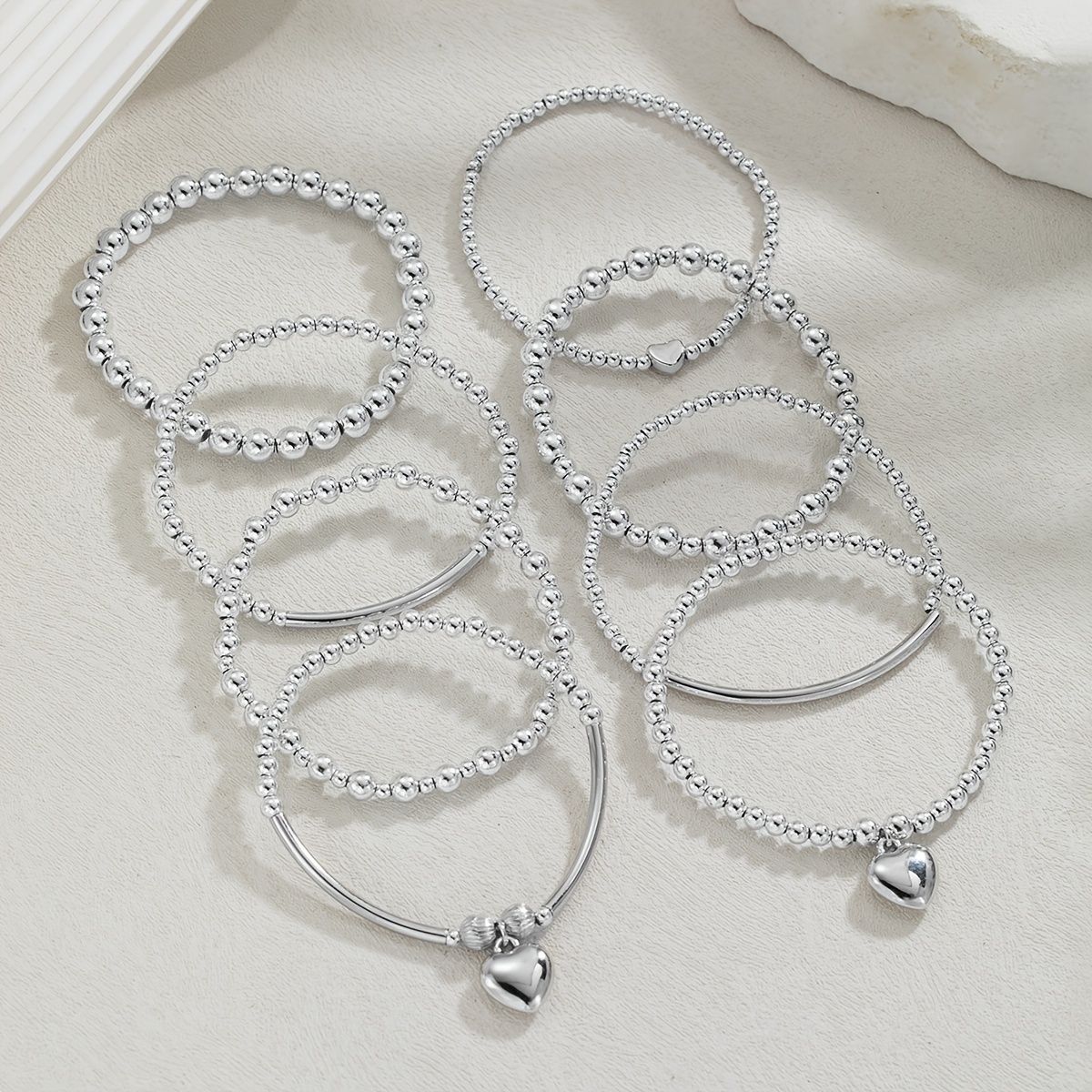 8pc Silvery Beaded Heart Pendant Multi-layered Stackable Bracelet Set